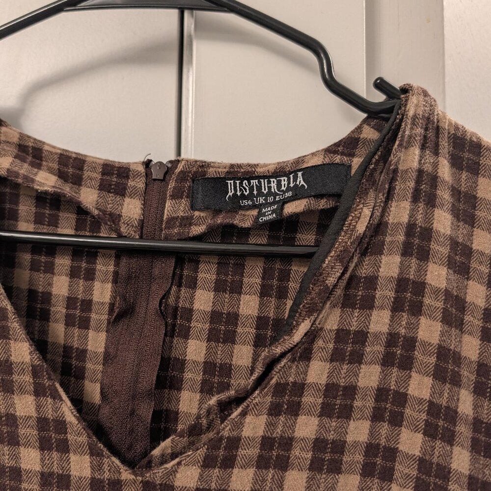 Disturbia- Brown Plaid V-Neck Tiered Short Dress - Picture 3 of 8